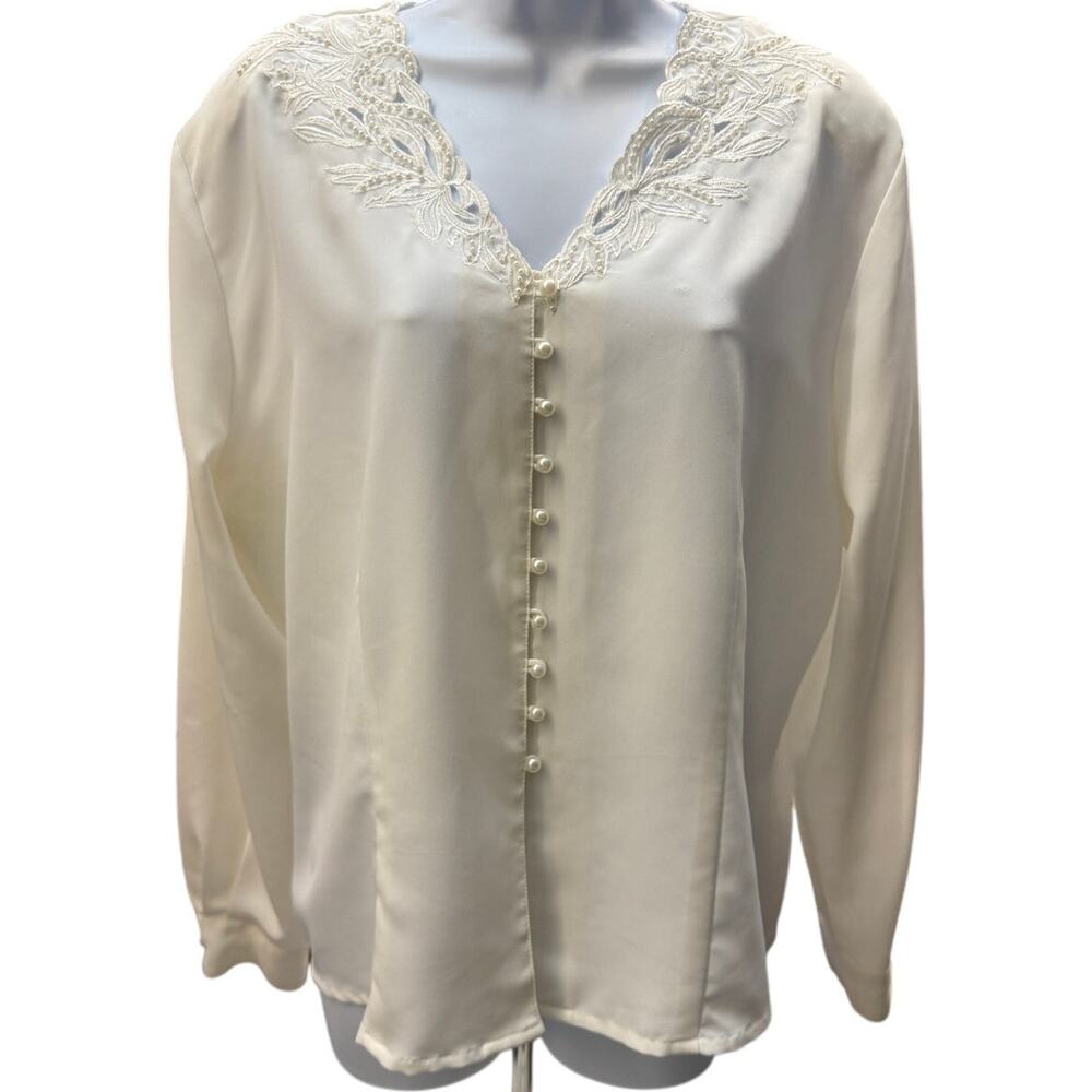 VTG Kathy Che Blouse SZ 16/18 Ivory Pearl Beads Embroidery Long Sleeve lace